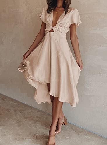 miduo Womens Satin Deep V Neck Ruffle Short Sleeve Tie Front High Waist High Low Midi A-Line Party Dresses Champagne M