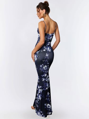 EYNMIN Women's Floral Print Corset Maxi Dress Sleeveless Bodycon Spaghetti Strap Ruched Elegant Evening Party Long Dresses Navy Print XS