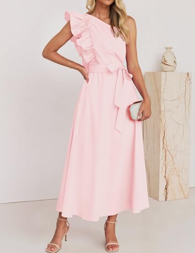 ZESICA Women's Summer One Shoulder Ruffle Dress 2024 Sleeveless Empire Waist Boho Flowy Maxi Dresses,Pink,Medium