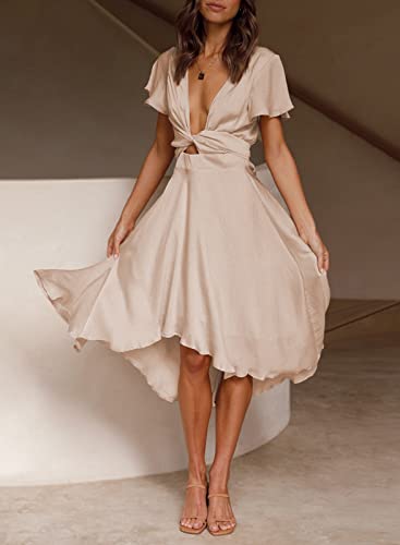 miduo Womens Satin Deep V Neck Ruffle Short Sleeve Tie Front High Waist High Low Midi A-Line Party Dresses Champagne M