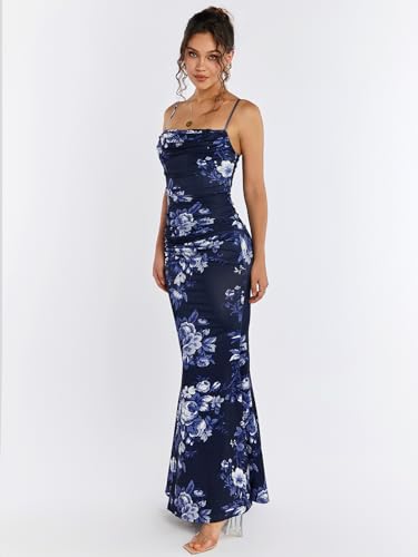 EYNMIN Women's Floral Print Corset Maxi Dress Sleeveless Bodycon Spaghetti Strap Ruched Elegant Evening Party Long Dresses Navy Print XS