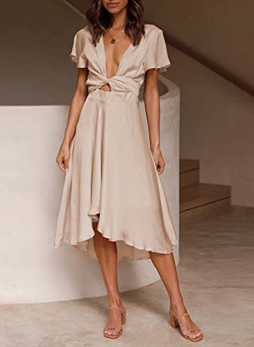 miduo Womens Satin Deep V Neck Ruffle Short Sleeve Tie Front High Waist High Low Midi A-Line Party Dresses Champagne M