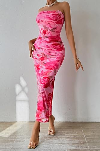 PRETTYGARDEN Women's Summer Maxi Bodycon Dresses Strapless Tube Top Printed Long Party Club Slit Dress (Print Pink,XX-Large)