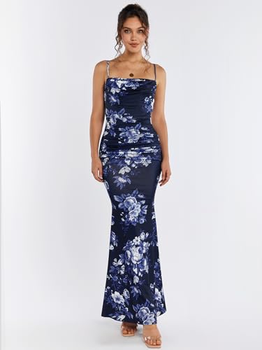 EYNMIN Women's Floral Print Corset Maxi Dress Sleeveless Bodycon Spaghetti Strap Ruched Elegant Evening Party Long Dresses Navy Print XS