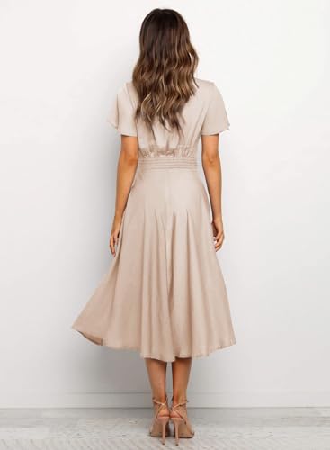 miduo Womens Satin Deep V Neck Ruffle Short Sleeve Tie Front High Waist High Low Midi A-Line Party Dresses Champagne M