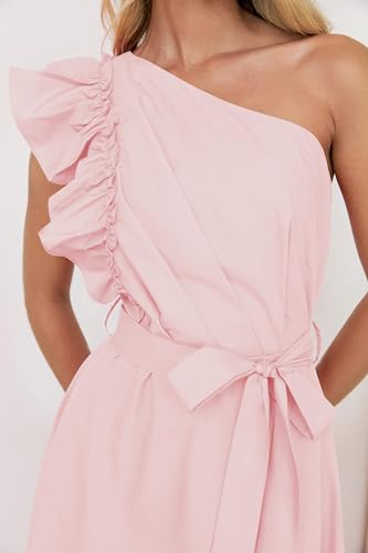 ZESICA Women's Summer One Shoulder Ruffle Dress 2024 Sleeveless Empire Waist Boho Flowy Maxi Dresses,Pink,Medium