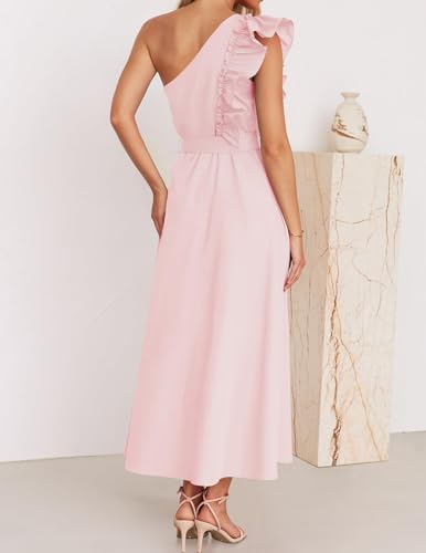 ZESICA Women's Summer One Shoulder Ruffle Dress 2024 Sleeveless Empire Waist Boho Flowy Maxi Dresses,Pink,Medium