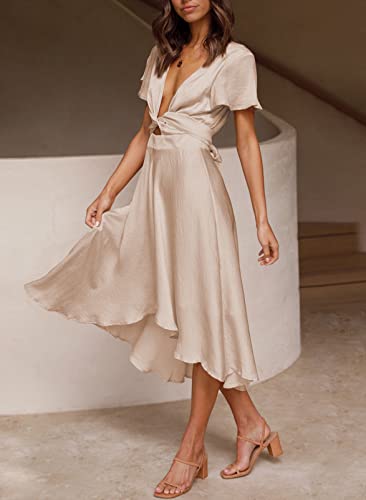 miduo Womens Satin Deep V Neck Ruffle Short Sleeve Tie Front High Waist High Low Midi A-Line Party Dresses Champagne M