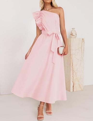 ZESICA Women's Summer One Shoulder Ruffle Dress 2024 Sleeveless Empire Waist Boho Flowy Maxi Dresses,Pink,Medium
