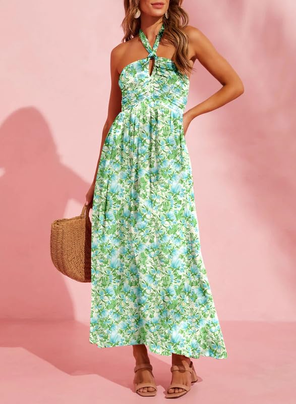 Dokotoo Womens 2024 Formal Dresses Elegant Sleeveless Pleat Fashion Bridesmaid Wedding Guest Green Dresses Sexy Backless Halter Neck Casual Boho Sundress Flowy A-Line Maxi Dress Small