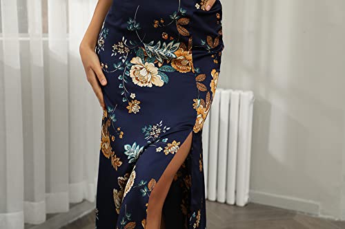 Tsher Women's Cowl Neck Spaghetti Strap Slit Satin Wedding Guest Party Dress Backless Midi Formal Dresses 0216 (XS, Blue Floral)………