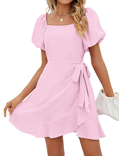 Dresses for Women 2024 Tie Waist Short Sleeve Wrap Dress Wedding Guest Pink Spring L