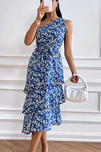 PRETTYGARDEN Women's Summer Floral Sundress Casual One Shoulder Tiered Ruffle Flowy Midi Beach Boho Dresses (Floral Royal Blue White,Medium)