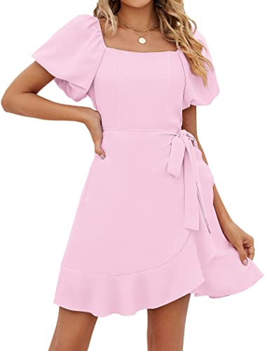 Dresses for Women 2024 Tie Waist Short Sleeve Wrap Dress Wedding Guest Pink Spring L