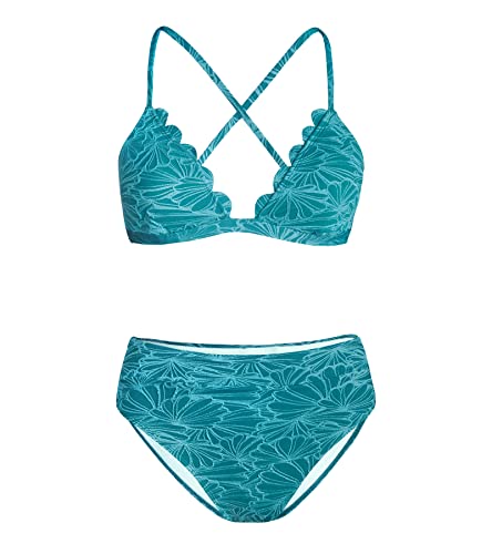 CUPSHE Bikini Set for Women Bathing Suit High Waisted Scalloped V Neck Two Pieces Swimsuit M Cyan