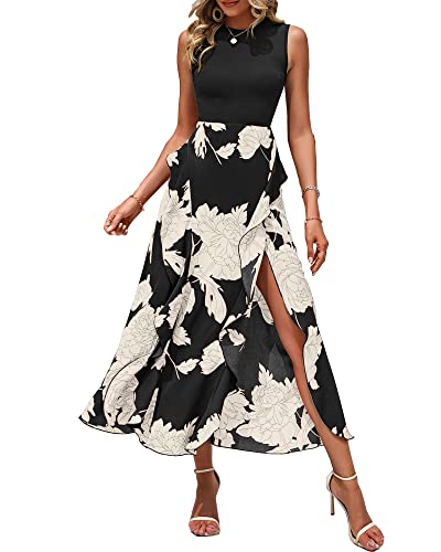BTFBM Women Casual Sleeveless Summer Dresses 2024 Spring Crewneck Patchwork Boho Floral Ruffle Cocktail Party Midi Dress(White Floral Black, Medium)