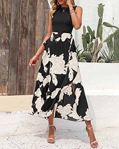 BTFBM Women Casual Sleeveless Summer Dresses 2024 Spring Crewneck Patchwork Boho Floral Ruffle Cocktail Party Midi Dress(White Floral Black, Medium)