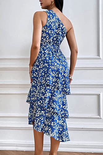 PRETTYGARDEN Women's Summer Floral Sundress Casual One Shoulder Tiered Ruffle Flowy Midi Beach Boho Dresses (Floral Royal Blue White,Medium)