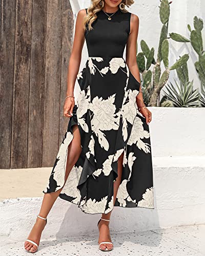 BTFBM Women Casual Sleeveless Summer Dresses 2024 Spring Crewneck Patchwork Boho Floral Ruffle Cocktail Party Midi Dress(White Floral Black, Medium)