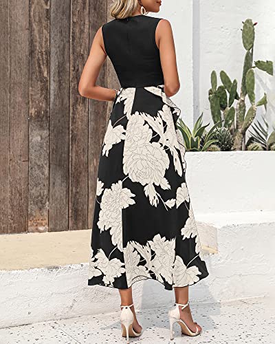 BTFBM Women Casual Sleeveless Summer Dresses 2024 Spring Crewneck Patchwork Boho Floral Ruffle Cocktail Party Midi Dress(White Floral Black, Medium)