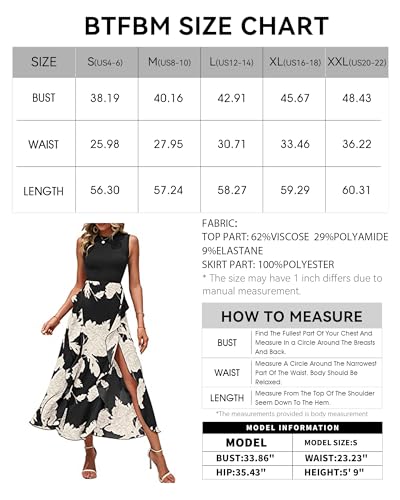 BTFBM Women Casual Sleeveless Summer Dresses 2024 Spring Crewneck Patchwork Boho Floral Ruffle Cocktail Party Midi Dress(White Floral Black, Medium)