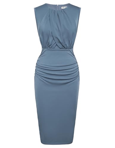 Women's Ruched Bodycon Dresses Patchwork Drape Sleevelessless Summer Crew Neck Midi Cocktail Dress Wedding Guest Blue S