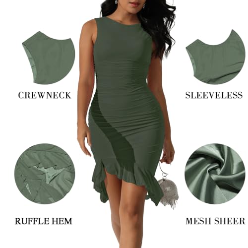 EOJN Women's Bodycon Summer Midi Dress Sleeveless Ruffle Mermaid Dress Hem Ruched Tank Dresses Green for Cocktail Party Wedding Guest