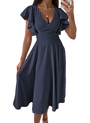 Dokotoo Cocktail Dresses for Women Wedding Guest Midi 2024 Flowy Cocktail Long Dresses Navy Blue XL