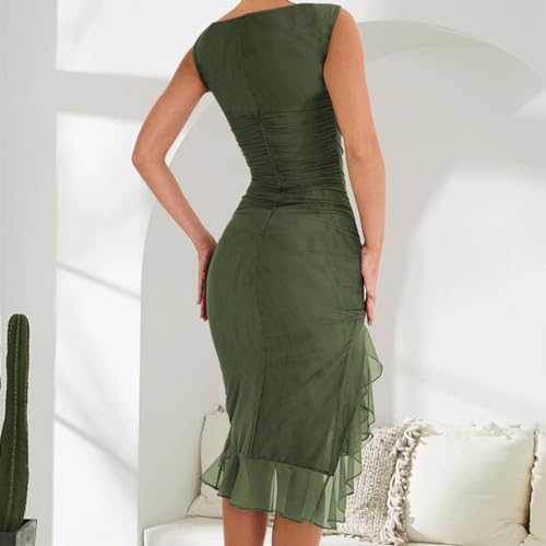 EOJN Women's Bodycon Summer Midi Dress Sleeveless Ruffle Mermaid Dress Hem Ruched Tank Dresses Green for Cocktail Party Wedding Guest