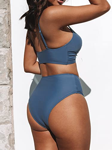 CUPSHE Women's Bikini Sets Two Piece Swimsuit High Waisted V Neck Twist Front Adjustable Spaghetti Straps Bathing Suit, M Blue