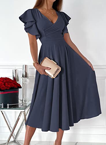 Dokotoo Cocktail Dresses for Women Wedding Guest Midi 2024 Flowy Cocktail Long Dresses Navy Blue XL