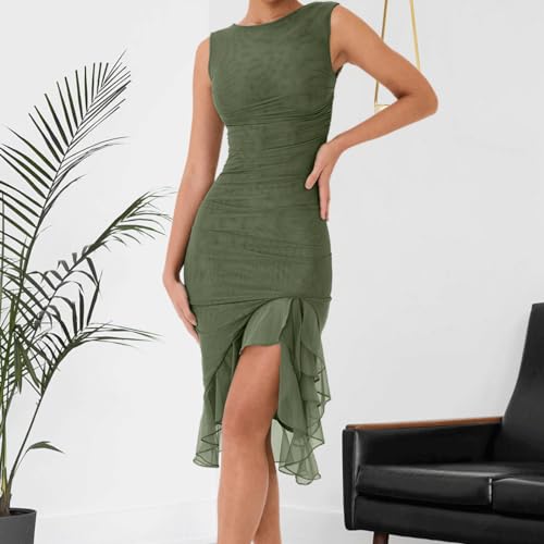 EOJN Women's Bodycon Summer Midi Dress Sleeveless Ruffle Mermaid Dress Hem Ruched Tank Dresses Green for Cocktail Party Wedding Guest