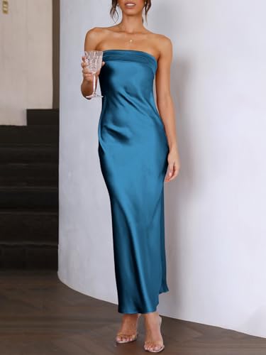 Caracilia Womens Summer Satin Formal Wedding Guest Maxi Dresses Sexy Backless Strapless Cutout Cocktail Party Prom Long Dress Dark Blue Small