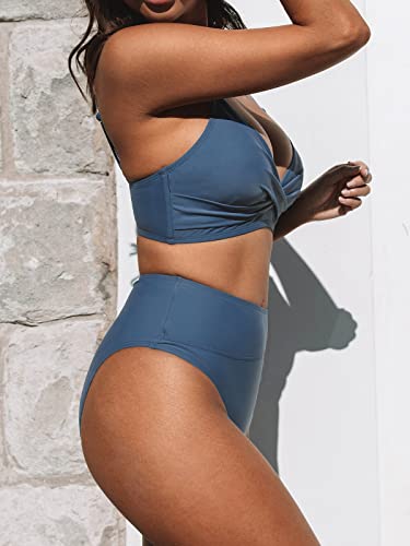 CUPSHE Women's Bikini Sets Two Piece Swimsuit High Waisted V Neck Twist Front Adjustable Spaghetti Straps Bathing Suit, M Blue