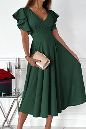PRETTYGARDEN Women's 2024 Summer Midi Dress Ruffle Cap Sleeve V Neck Swing A Line Cocktail Party Dresses (Dark Green,X-Large)