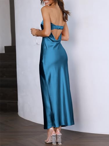 Caracilia Womens Summer Satin Formal Wedding Guest Maxi Dresses Sexy Backless Strapless Cutout Cocktail Party Prom Long Dress Dark Blue Small