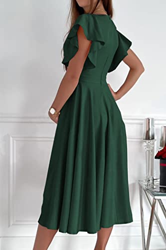 PRETTYGARDEN Women's 2024 Summer Midi Dress Ruffle Cap Sleeve V Neck Swing A Line Cocktail Party Dresses (Dark Green,X-Large)