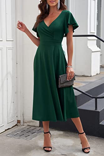 PRETTYGARDEN Women's 2024 Summer Midi Dress Ruffle Cap Sleeve V Neck Swing A Line Cocktail Party Dresses (Dark Green,X-Large)
