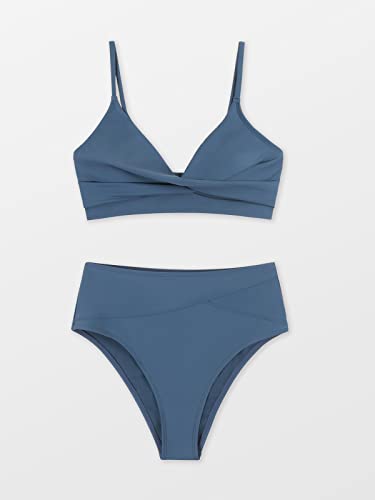 CUPSHE Women's Bikini Sets Two Piece Swimsuit High Waisted V Neck Twist Front Adjustable Spaghetti Straps Bathing Suit, M Blue