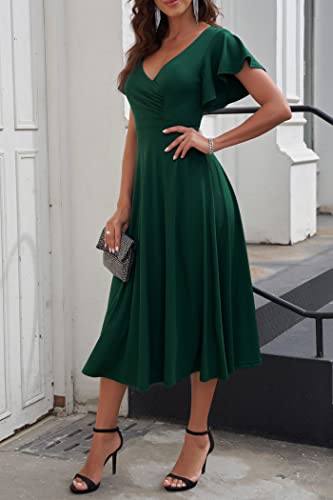 PRETTYGARDEN Women's 2024 Summer Midi Dress Ruffle Cap Sleeve V Neck Swing A Line Cocktail Party Dresses (Dark Green,X-Large)