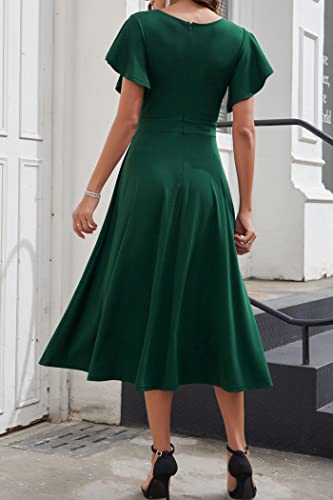 PRETTYGARDEN Women's 2024 Summer Midi Dress Ruffle Cap Sleeve V Neck Swing A Line Cocktail Party Dresses (Dark Green,X-Large)