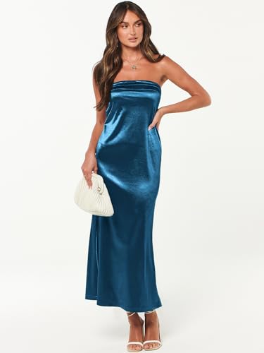 Caracilia Womens Summer Satin Formal Wedding Guest Maxi Dresses Sexy Backless Strapless Cutout Cocktail Party Prom Long Dress Dark Blue Small