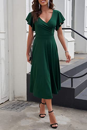 PRETTYGARDEN Women's 2024 Summer Midi Dress Ruffle Cap Sleeve V Neck Swing A Line Cocktail Party Dresses (Dark Green,X-Large)