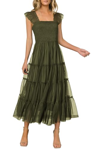 PRETTYGARDEN Women's 2024 Summer Midi Dress Casual Sleeveless Smocked Ruffle Tulle Flowy Beach Sundress (Army Green,Large)