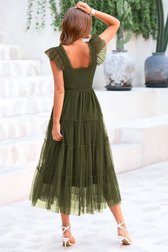 PRETTYGARDEN Women's 2024 Summer Midi Dress Casual Sleeveless Smocked Ruffle Tulle Flowy Beach Sundress (Army Green,Large)