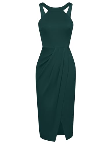 GRACE KARIN Halterneck Dresses for Women 2024 Wedding Guest Ruched Bodycon Dress Cocktail Midi Dress,A-Dark Teal,L