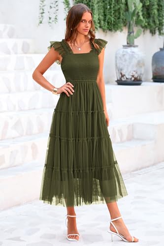 PRETTYGARDEN Women's 2024 Summer Midi Dress Casual Sleeveless Smocked Ruffle Tulle Flowy Beach Sundress (Army Green,Large)