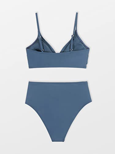 CUPSHE Women's Bikini Sets Two Piece Swimsuit High Waisted V Neck Twist Front Adjustable Spaghetti Straps Bathing Suit, M Blue