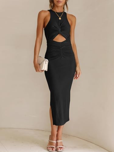 ANRABESS Womens Summer Formal Wedding Guest Dress Sexy Cutout Bodycon Slit Date Night Out Cocktail Dresses 2024 Resort Wear Black Small