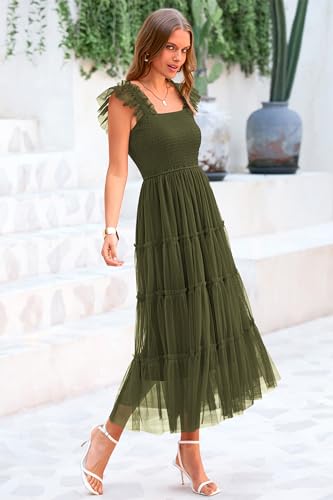 PRETTYGARDEN Women's 2024 Summer Midi Dress Casual Sleeveless Smocked Ruffle Tulle Flowy Beach Sundress (Army Green,Large)